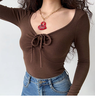 Bow knot V-neck long-sleeve top