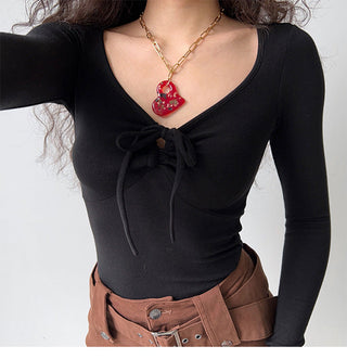 Bow knot V-neck long-sleeve top