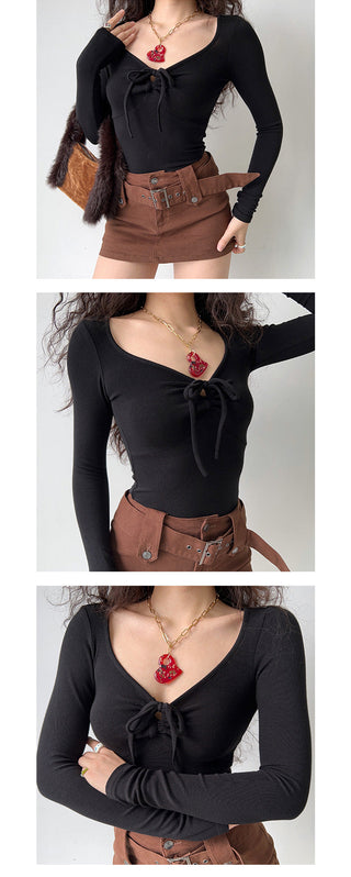 Bow knot V-neck long-sleeve top