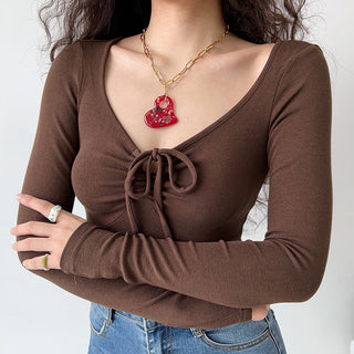 Bow knot V-neck long-sleeve top