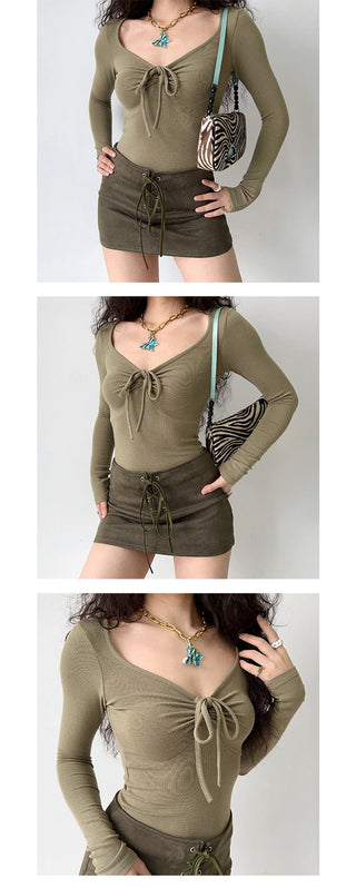 Bow knot V-neck long-sleeve top