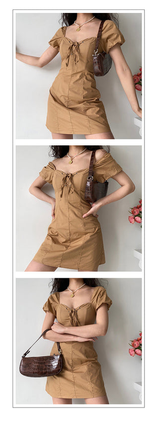 V -neck bubble sleeve slim dress