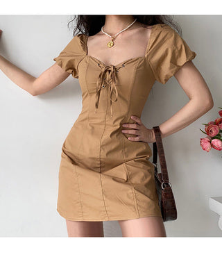 V -neck bubble sleeve slim dress