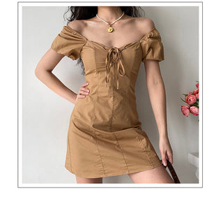 V -neck bubble sleeve slim dress
