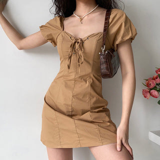 V -neck bubble sleeve slim dress