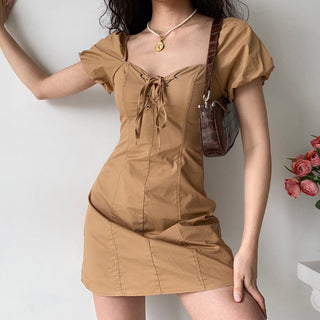 V -neck bubble sleeve slim dress