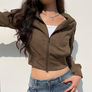 Retro stand-up collar crop zipper