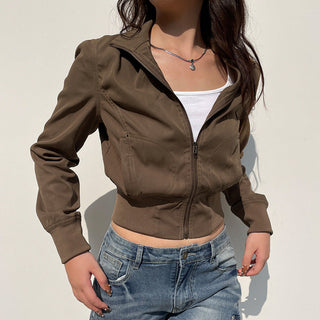 Retro stand-up collar crop zipper