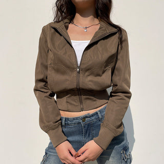 Retro stand-up collar crop zipper