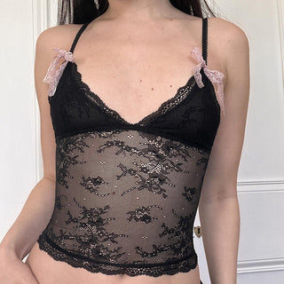 See through lace v-neck top