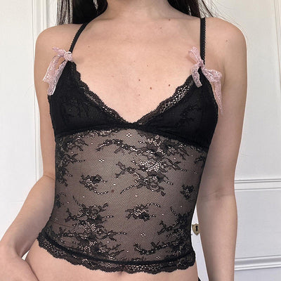 See through lace v-neck top