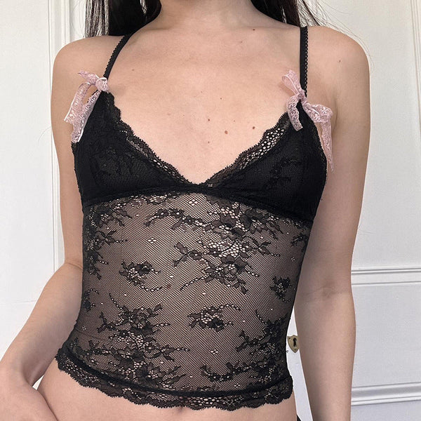 See through lace v-neck top