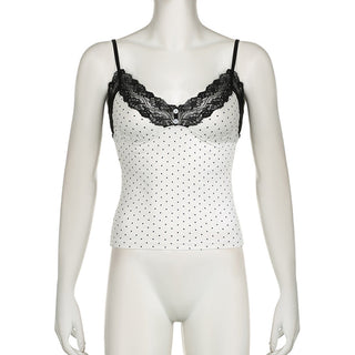 Polka dot patchwork button V -neck vest