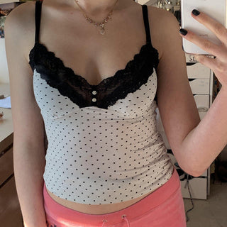 Polka dot patchwork button V -neck vest