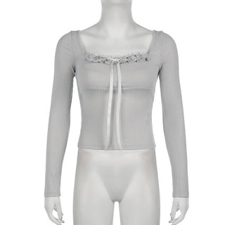 Lace bow collar long sleeve T-shirt