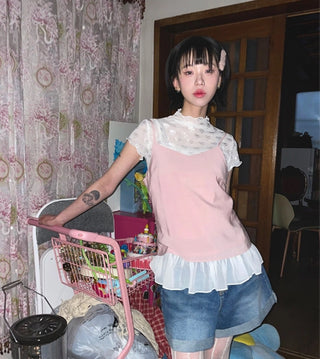 3D bow lace mesh short-sleeved top