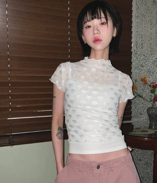 3D bow lace mesh short-sleeved top