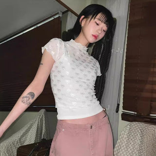 3D bow lace mesh short-sleeved top