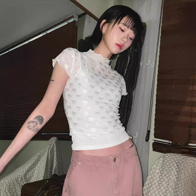 3D bow lace mesh short-sleeved top
