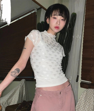 3D bow lace mesh short-sleeved top