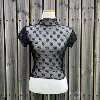 3D bow lace mesh short-sleeved top