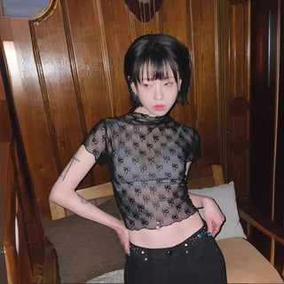 3D bow lace mesh short-sleeved top