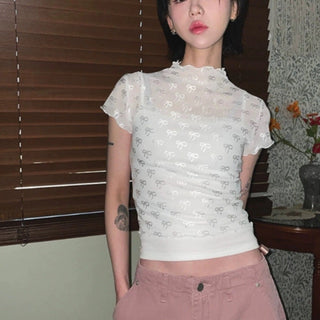 3D bow lace mesh short-sleeved top