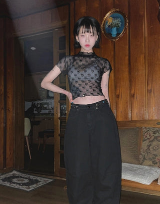 3D bow lace mesh short-sleeved top