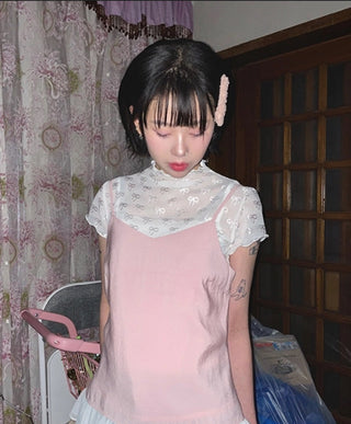 3D bow lace mesh short-sleeved top