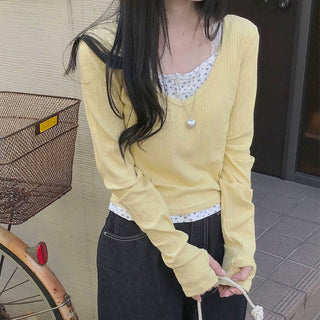 Floral Stitching Fake Two-piece knit top