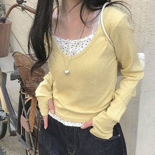 Floral Stitching Fake Two-piece knit top