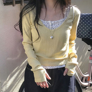 Floral Stitching Fake Two-piece knit top