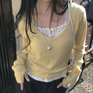 Floral Stitching Fake Two-piece knit top