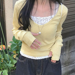 Floral Stitching Fake Two-piece knit top