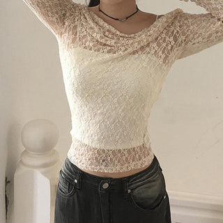 Slim mesh lace long-sleeved blouse