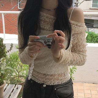 Slim mesh lace long-sleeved blouse