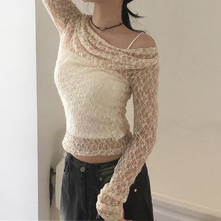 Slim mesh lace long-sleeved blouse