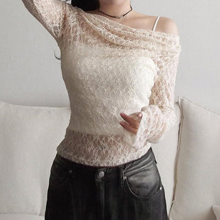 Slim mesh lace long-sleeved blouse