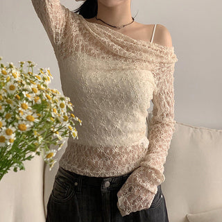 Slim mesh lace long-sleeved blouse