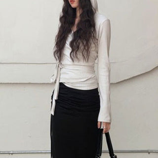 Pleated Waist Strap Hooded knit Top