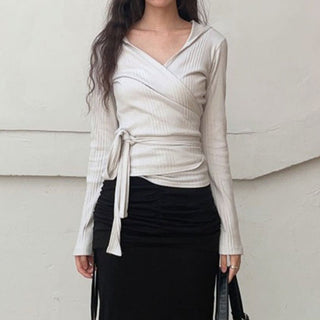 Pleated Waist Strap Hooded knit Top