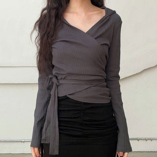 Pleated Waist Strap Hooded knit Top
