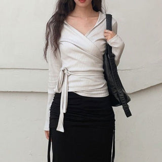 Pleated Waist Strap Hooded knit Top