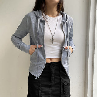 solid color rib hooded zipper