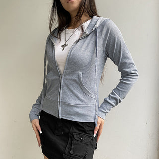 solid color rib hooded zipper
