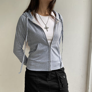 solid color rib hooded zipper