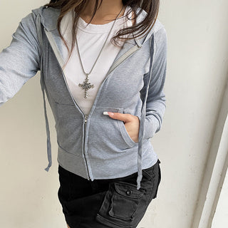 solid color rib hooded zipper
