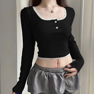 Contrast Pit Strip Long-sleeved slim top