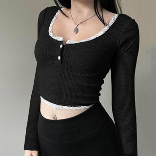 Contrast Pit Strip Long-sleeved slim top