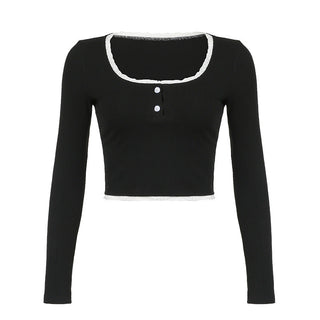 Contrast Pit Strip Long-sleeved slim top